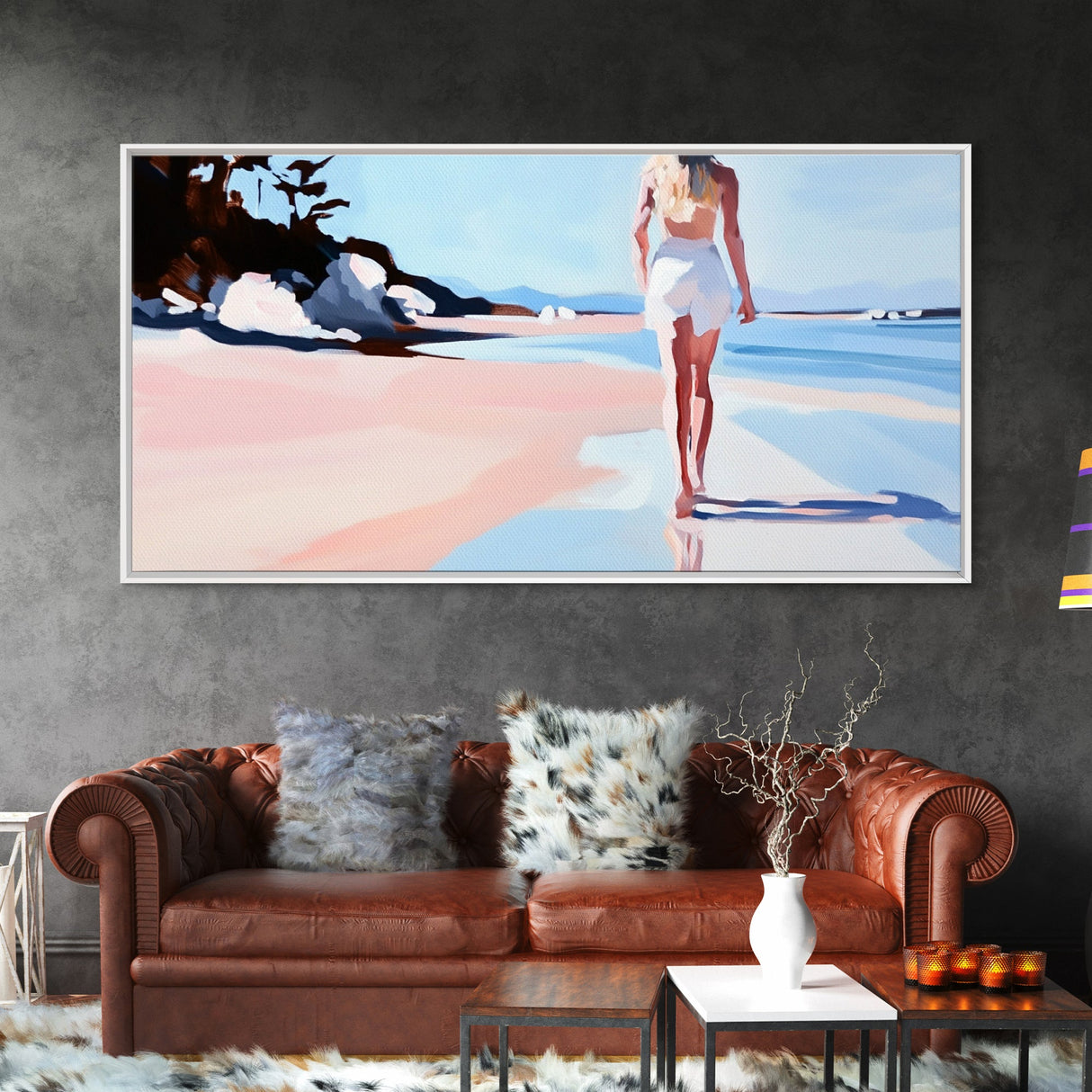 Walking Beach, Ocean View, Coastal Serenity, Tranquil Scene, Framed Canvas Print, Minimalist Decor, Boho Art, Bedroom Wall Art