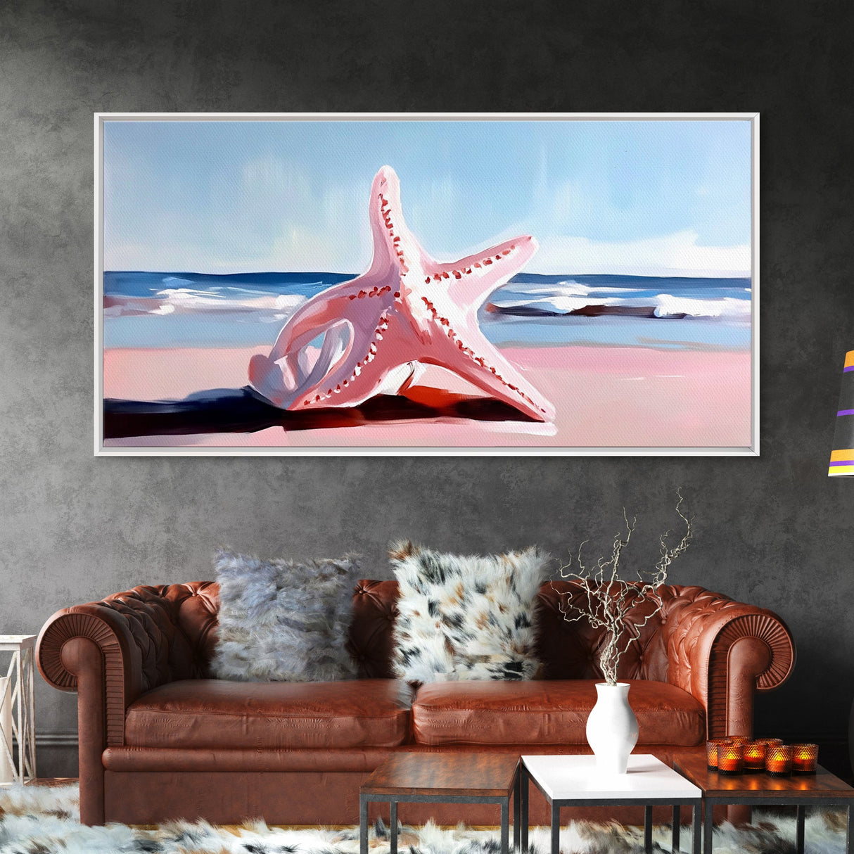 Starfish on Beach, Coastal Wall Art, Ocean Inspired Decor, Nautical Framed Canvas Print, Blue and Pink Summer Vibes Artwork
