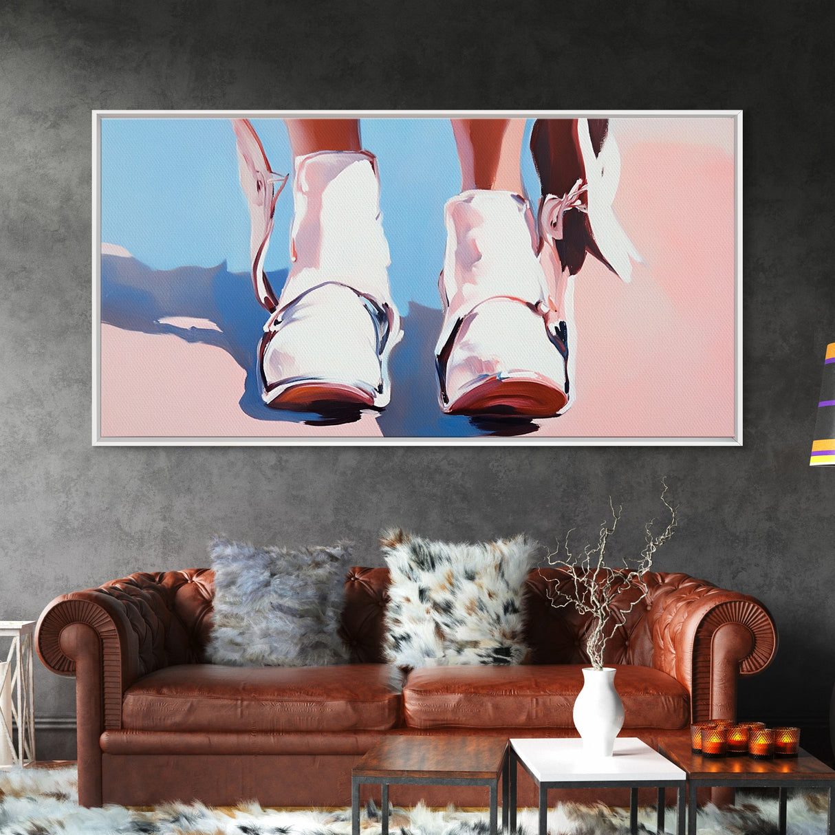 White Cowboy Boots, Western Fashion, Feminine Cowgirl Art, Stylish Wall Decor, Framed Canvas Print, Pink and Blue Aesthetic