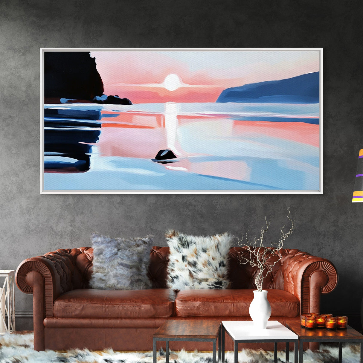 Sunset Glow, Coastal Waves, Framed Canvas Print, Minimalist Seascape, Ocean Sunset Art, Living Room Decor, Beach Aesthetic