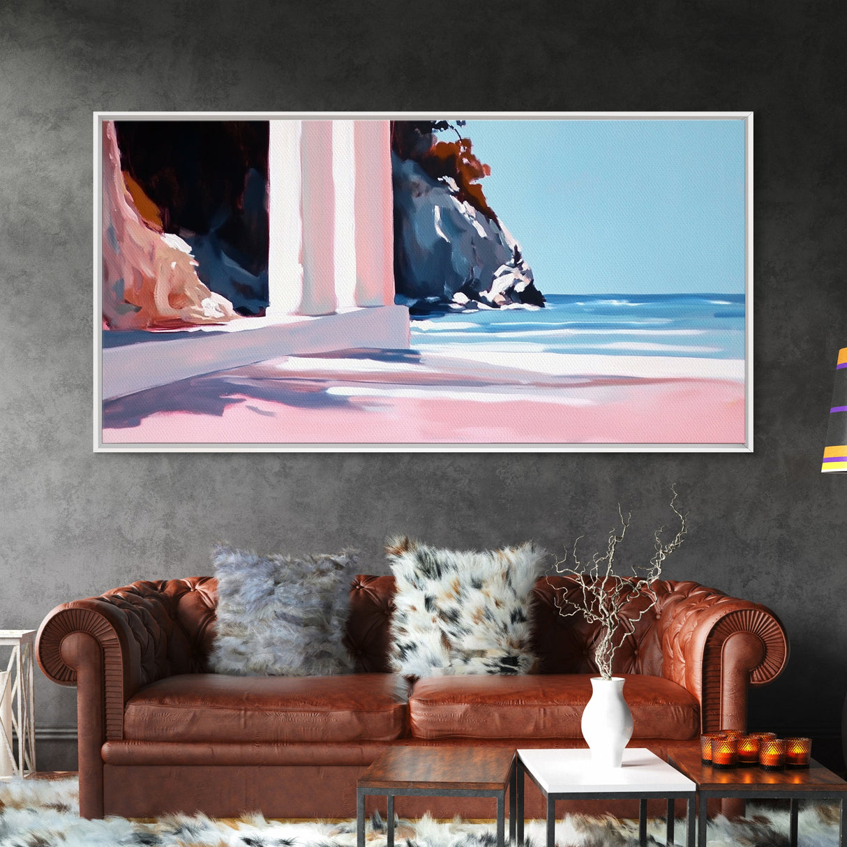 Coastal Retreat, Mediterranean Art, Framed Canvas Print, Beach House Decor, Minimalist Seascape, Pastel Ocean Painting, Modern Wall Art