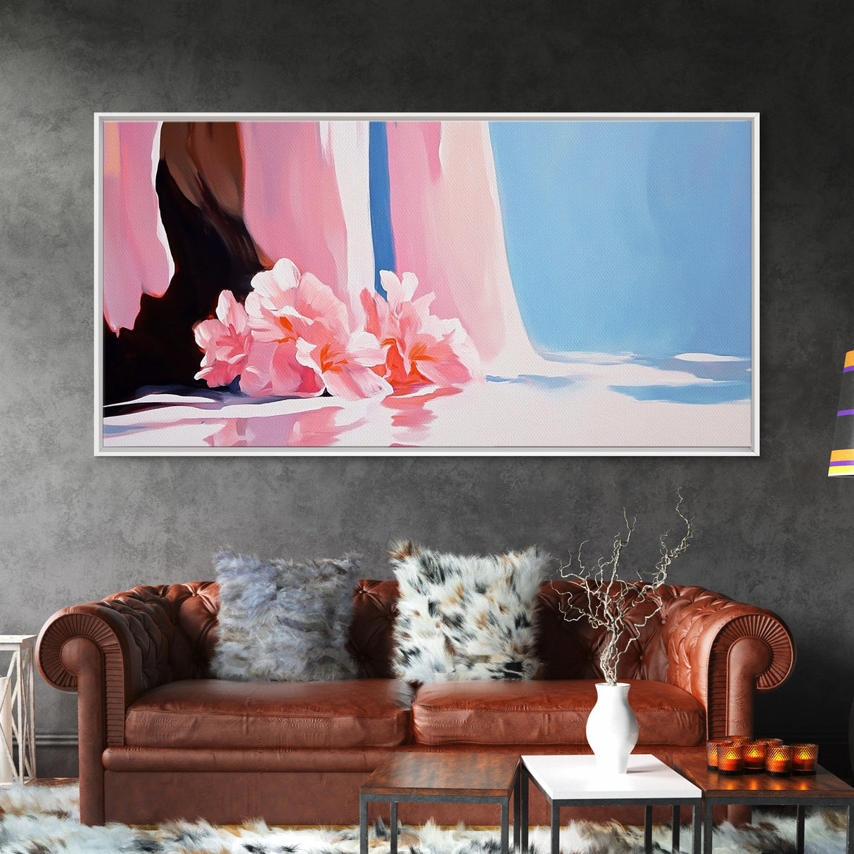 Floral, Waterfall, Soft Pink, Framed Canvas Print, Living Room Wall Art, Boho Art, Nature Artwork, Elegant Painting, Serene Home Decor