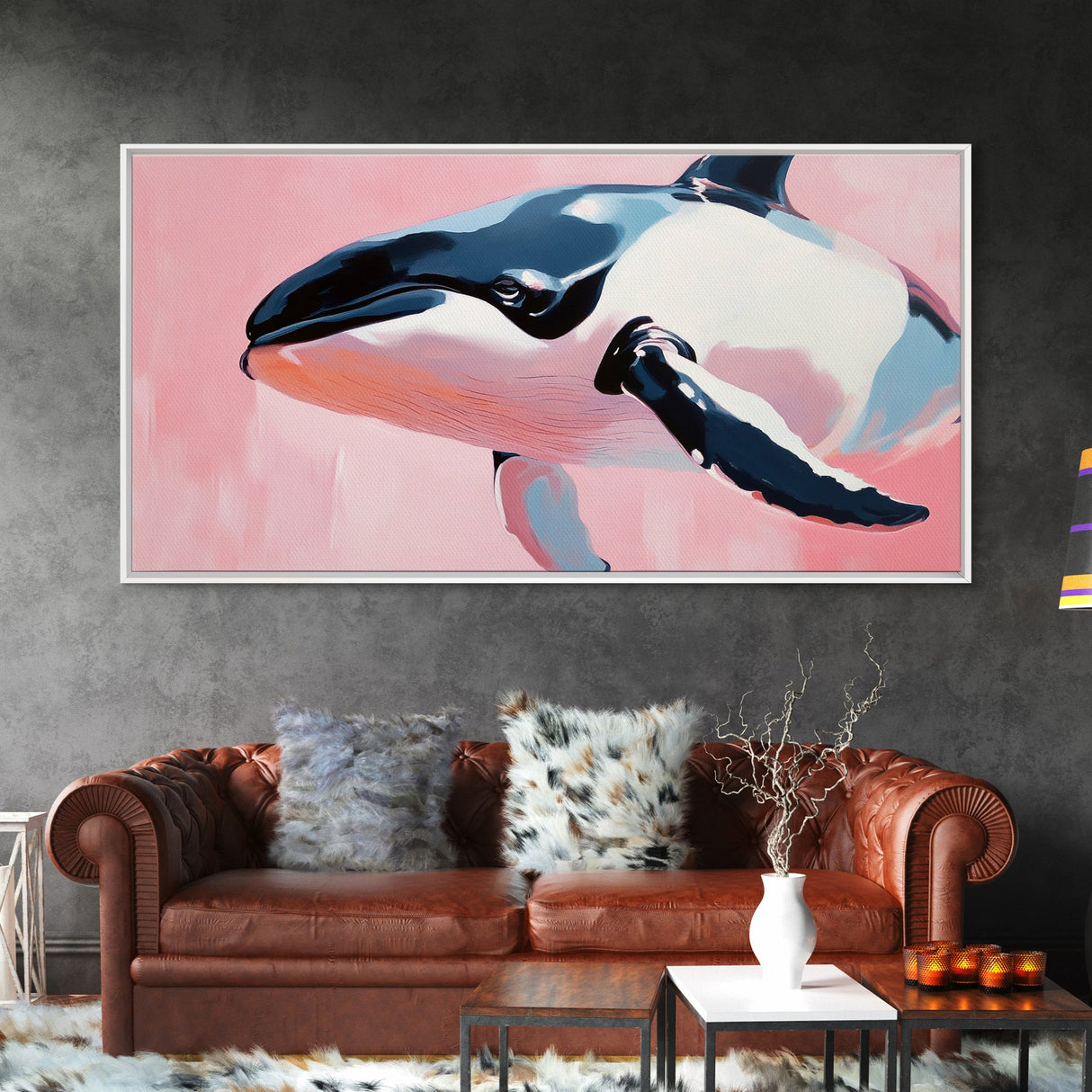 Whale, Ocean Beauty, Nautical Wall Art, Coastal Decor, Living Room Statement, Framed Canvas Print, Pastel Marine Life, Soft Pink Blue Tones