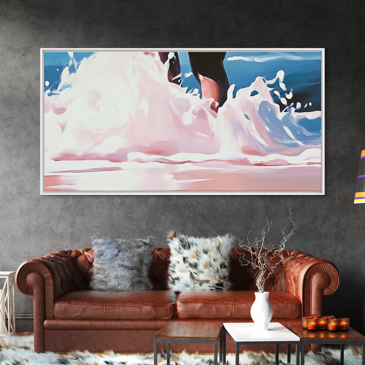 Ocean Waves, Beach Water Art, Summer Coastal Decor, Pink and Blue Painting, Framed Canvas Print, Minimalist Wall Art, Relaxing Vibes