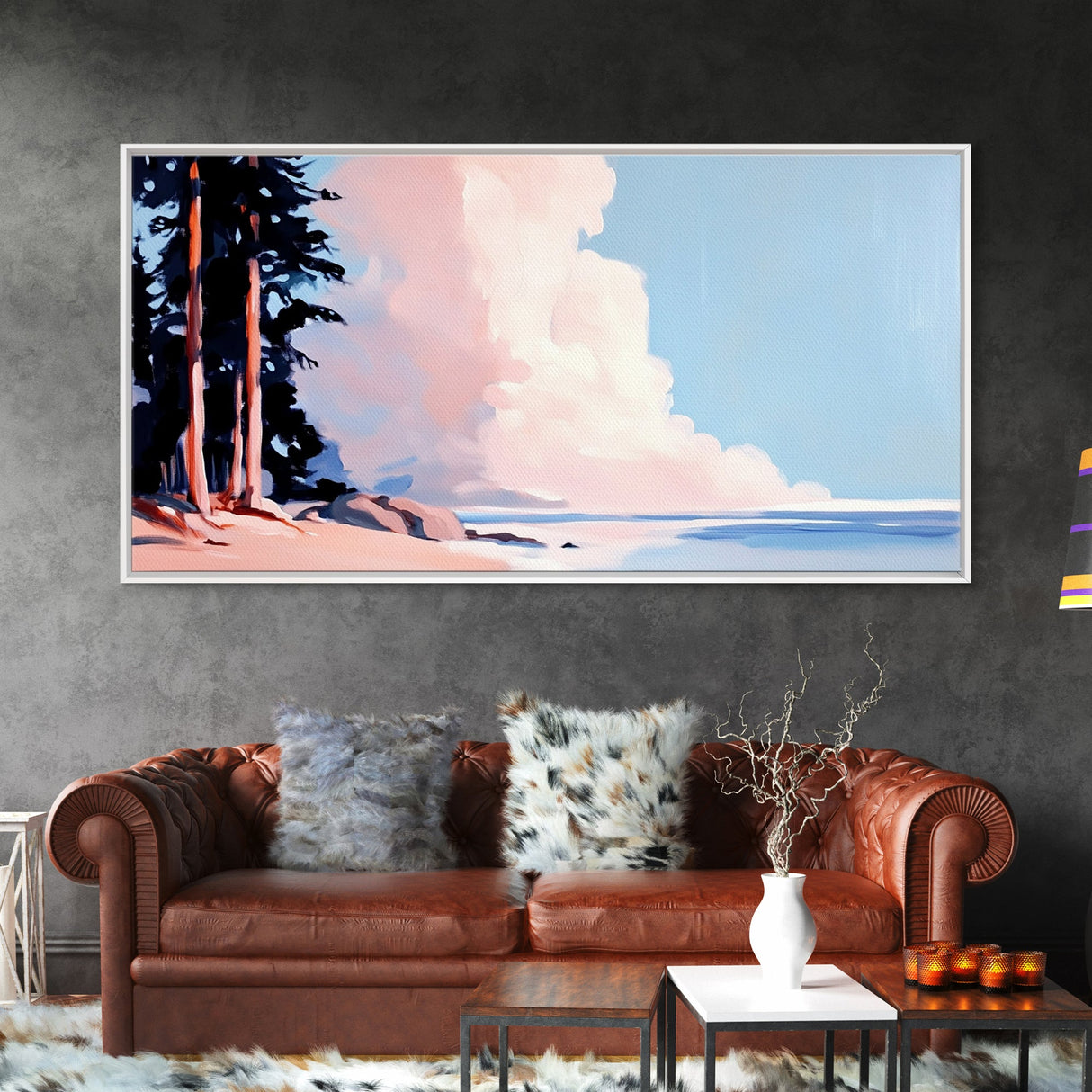 Seaside Pines, Coastal View, Tranquil Landscape, Canvas Print, Nature Wall Art, Beach House Decor, Living Room Art, Blue Minimalist Art