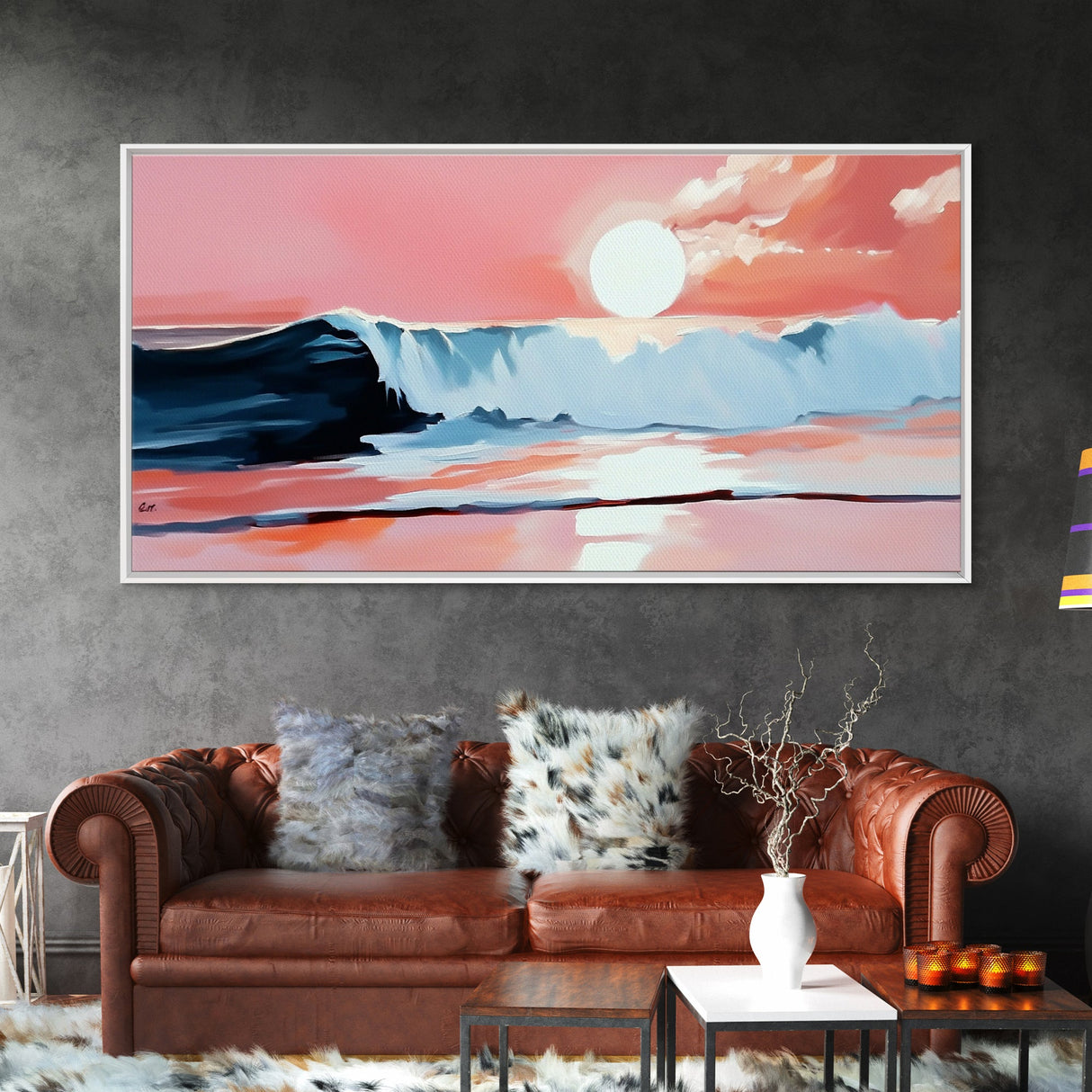 Pink Sunset, Ocean Waves, Coastal Art, Beach Decor, Framed Canvas Print, Modern Wall Art, Nautical Art, Living Room Wall Art