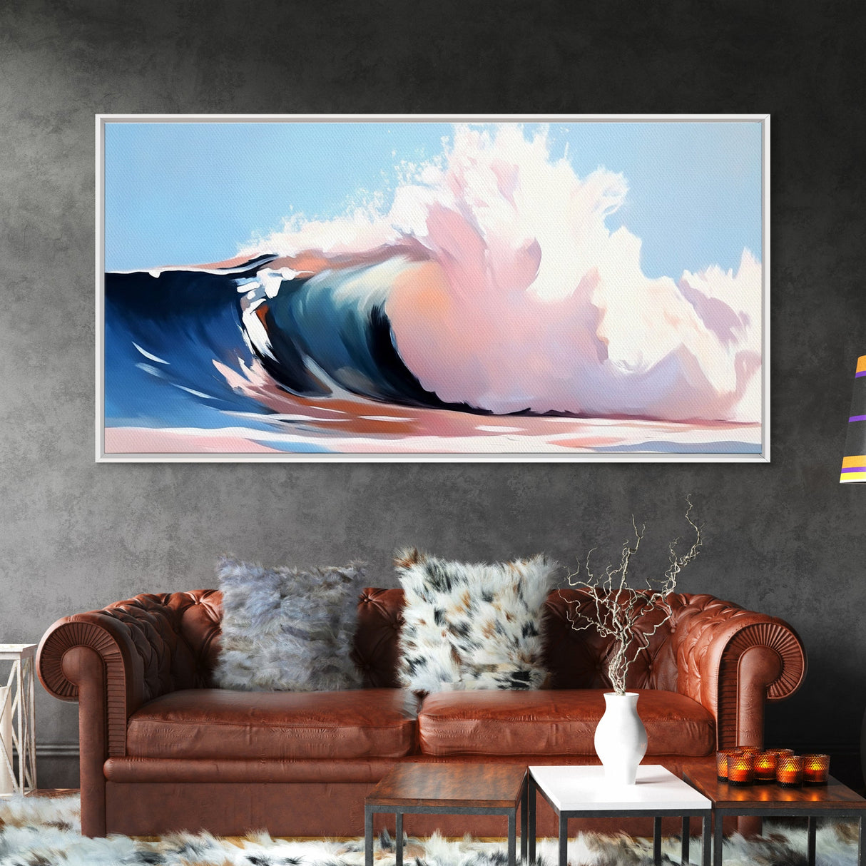 Ocean Wave, Surf Art, Beach Vibes, Coastal Decor, Framed Canvas Print, Modern Seascape, Blue and Pink Wave Art, Contemporary Wall Art