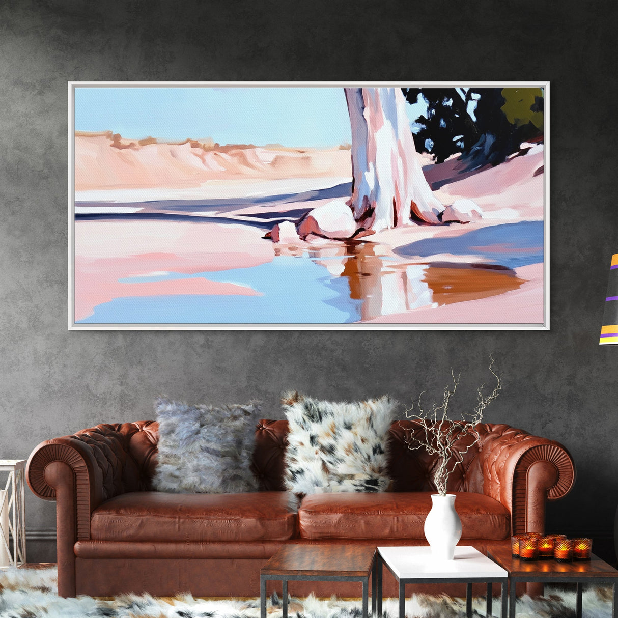 Desert Oasis, Lone Tree, Tranquil Reflection, Canvas Print, Southwestern Art, Earthy Color Palette, Minimalist Nature, Living Room Wall Art