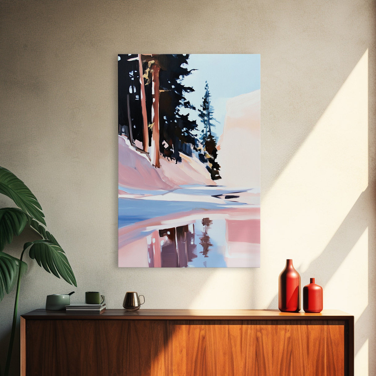 Snowy Pines, Winter Wonderland, Forest Reflection, Canvas Print, Cozy Cabin Decor, Christmas Wall Art, Minimalist Landscape Painting
