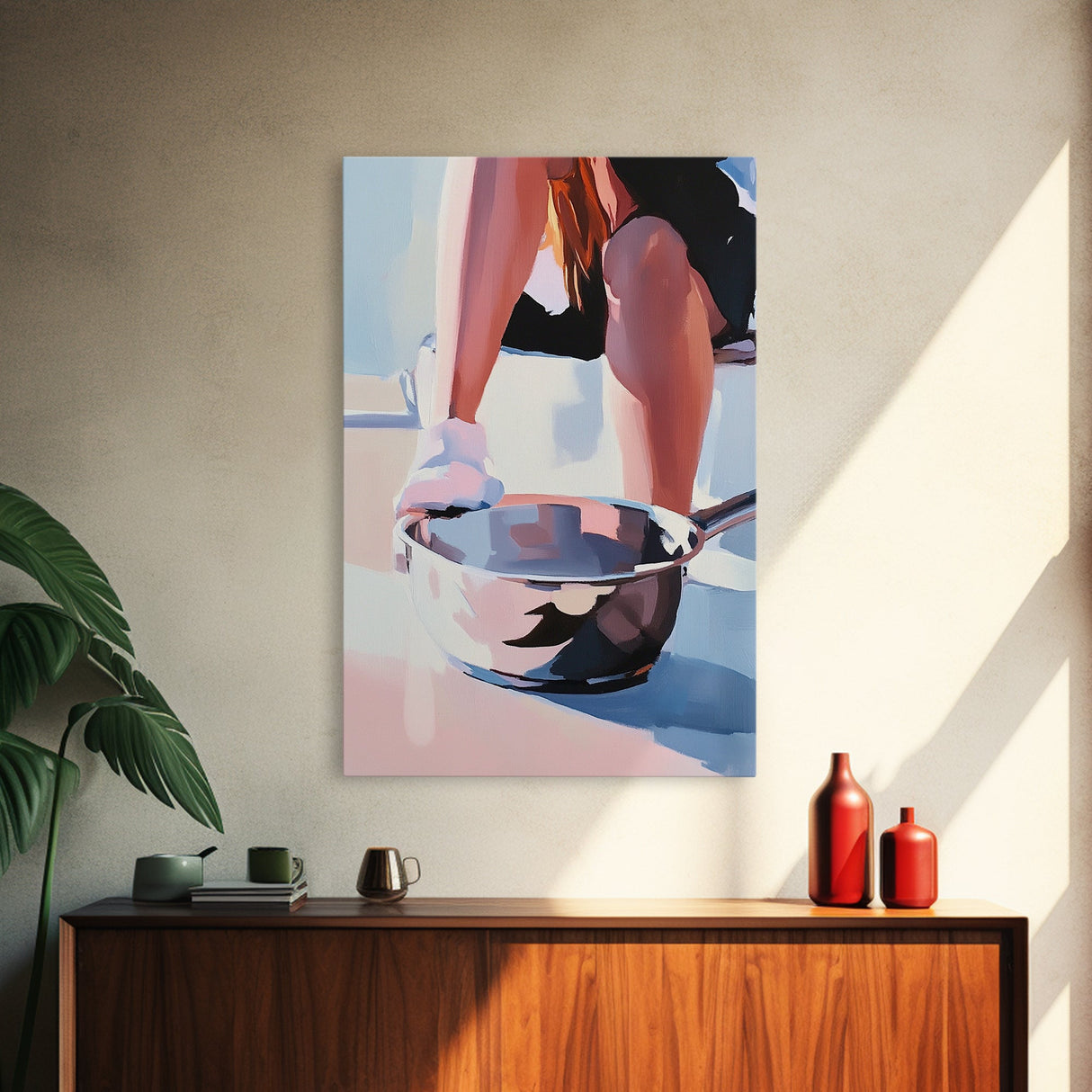 Cooking Scene, Pan Reflection, Modern Artwork, Canvas Print, Kitchen Wall Art, Minimalist Decor, Contemporary Art, Unique Aesthetic