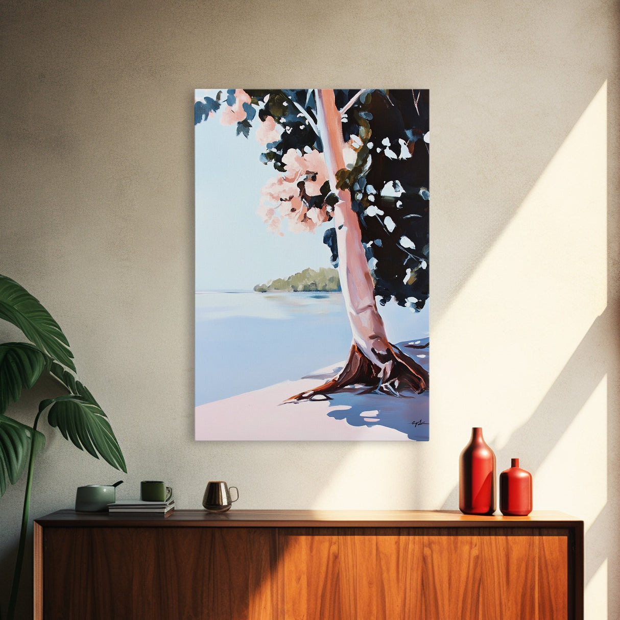 Tree by Water, Serene Nature Landscape, Tranquil Beach Scene, Framed Canvas Print, Zen Meditation Art, Minimalist Wall Decor