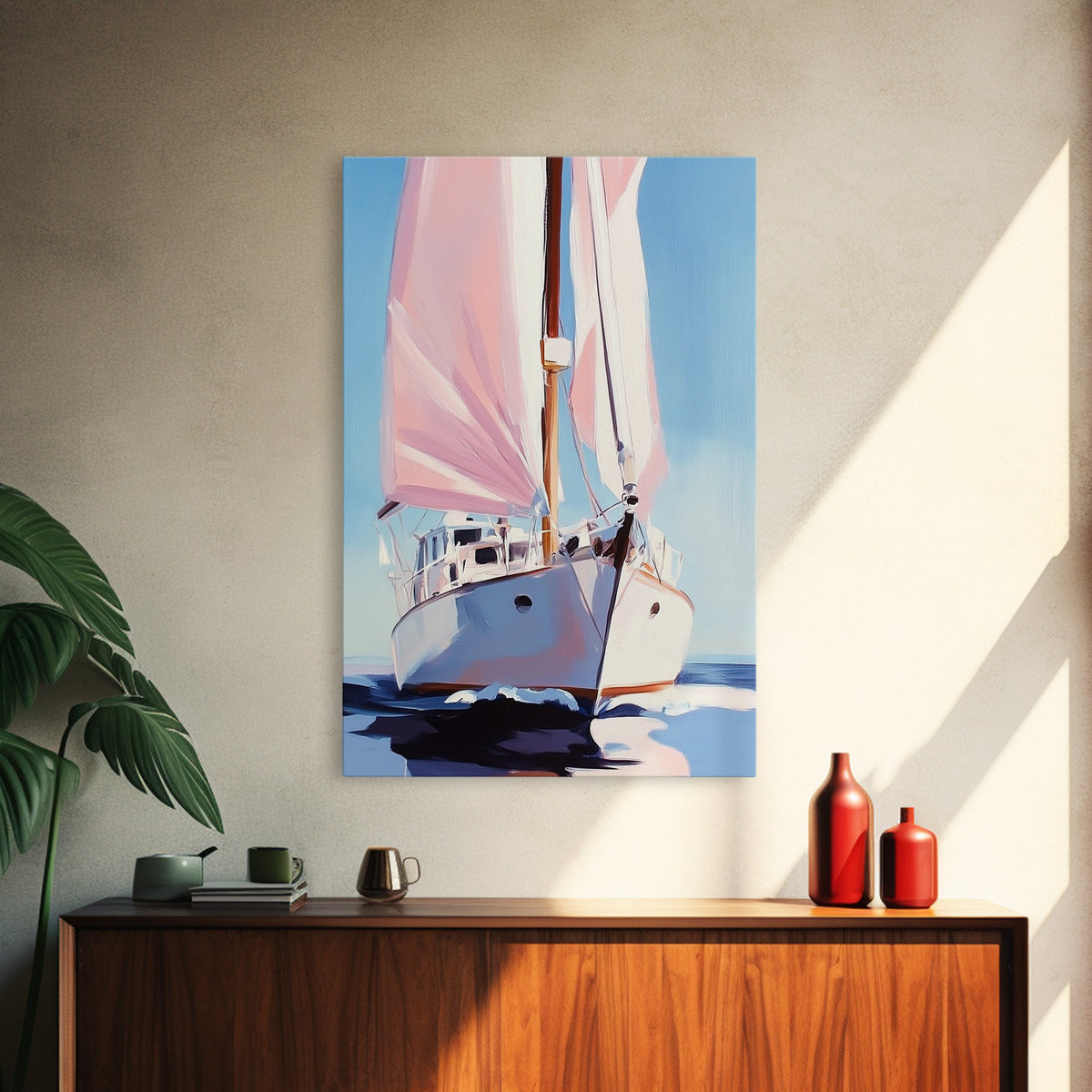 Sailboat, Nautical Decor, Ocean Theme, Maritime Art, Coastal Wall Art, Blue and Pink, Travel Inspired, Framed Canvas Print, Living Room
