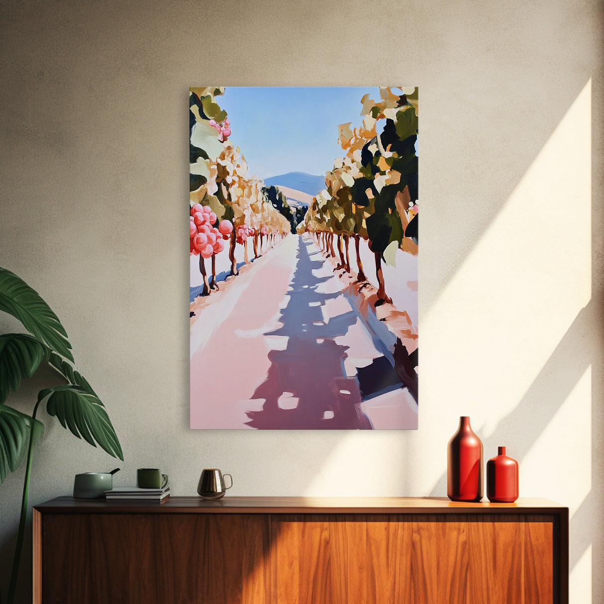 Vineyard Pathway, Wine Country, Rustic Charm, Framed Canvas Print, Tuscan Wall Art, Kitchen Decor, Autumn Landscape, Country Home Art
