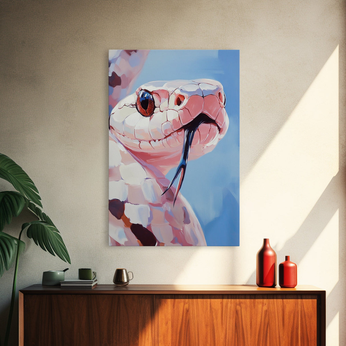 Pink Snake, Wildlife Portrait, Exotic Reptile, Framed Canvas Print, Animal Lover Wall Art, Unique Home Decor, Nature Inspired Art
