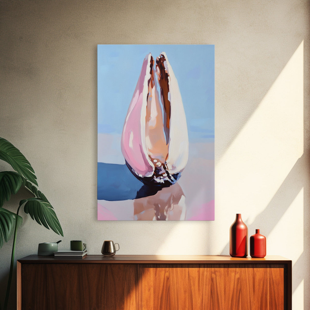 Seashell Still Life, Ocean Treasures, Beach Vibes, Framed Canvas Print, Coastal Wall Art, Minimalist Nautical Decor, Bedroom Artwork