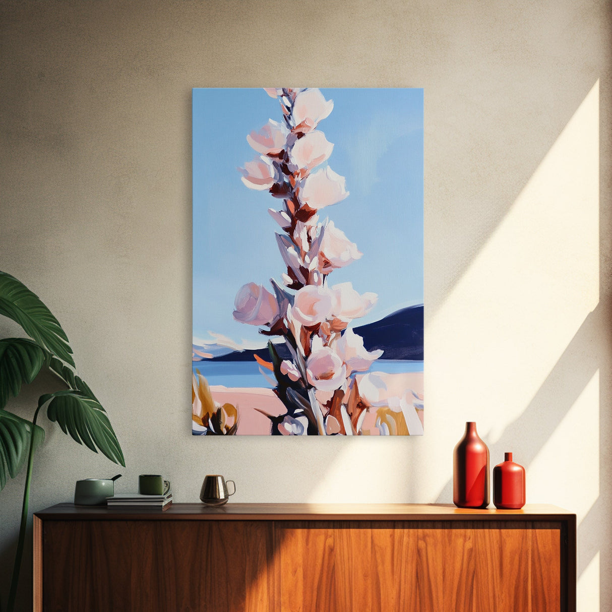 Wildflower Bloom, Pastel Floral Art, Nature Inspired, Tranquil Landscape, Soft Blue and Pink Hues, Framed Canvas Print, Entryway
