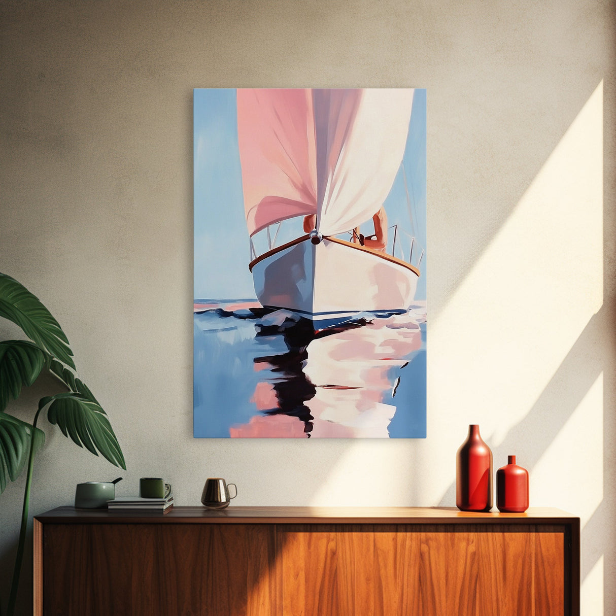 Sailboat Serenity, Nautical Decor, Ocean Reflections, Framed Canvas Print, Coastal Wall Art, Minimalist Seascape, Living Room Art