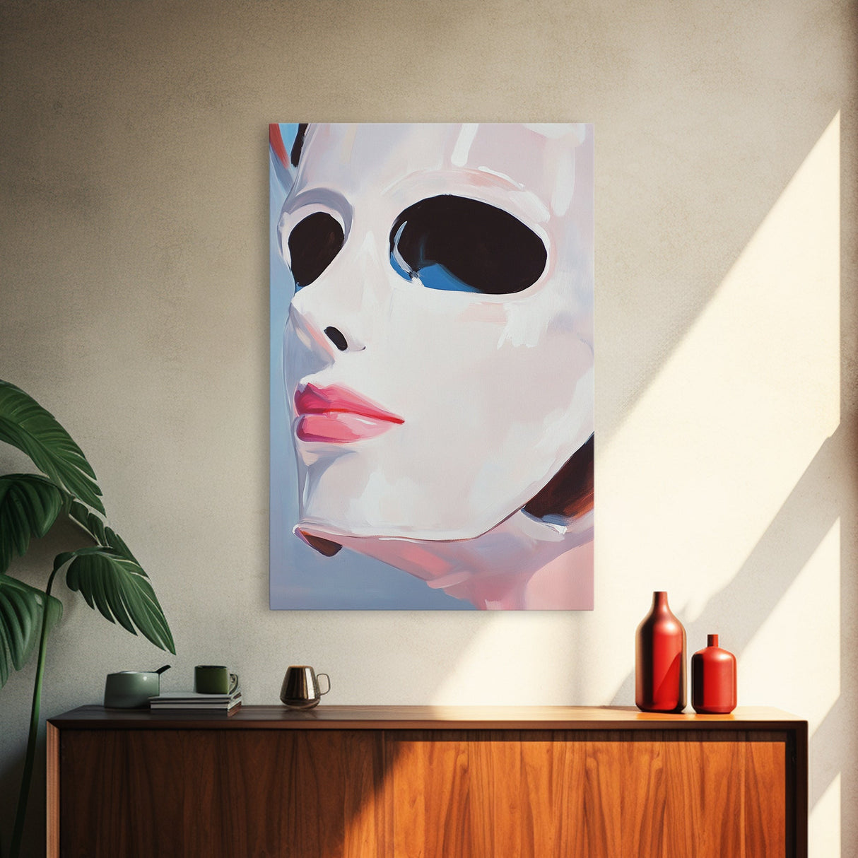 White Mask Portrait, Feminine Art, Minimalist Decor, Abstract Face Painting, Modern Aesthetic, Canvas Print, Framed Canvas Print