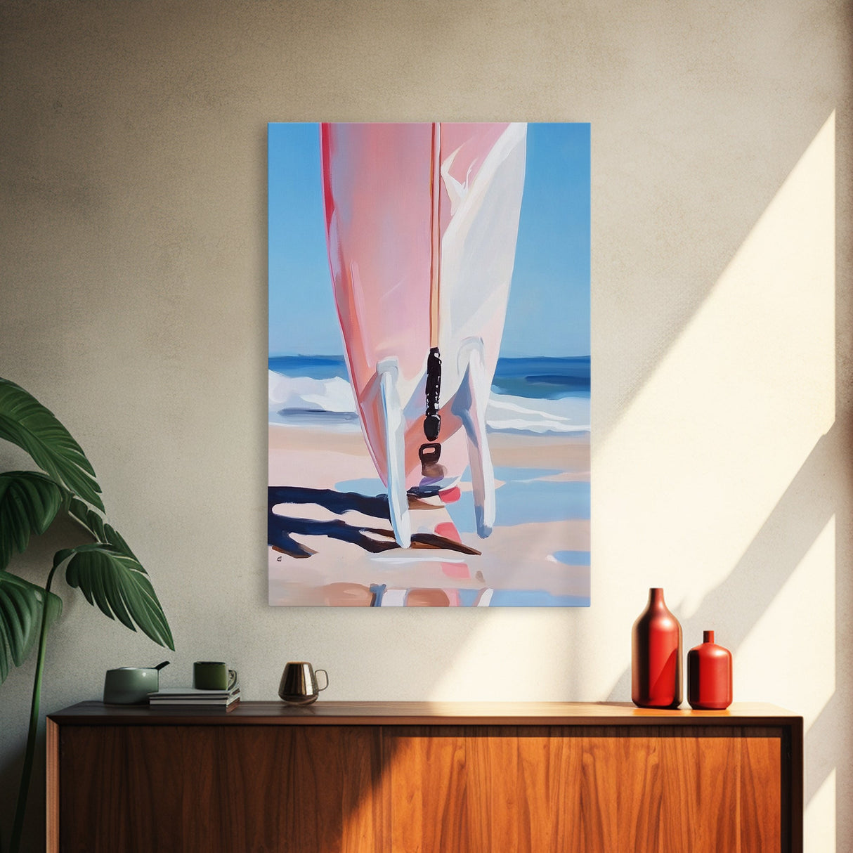 Surfboard Reflection, Beach Wave Art, Ocean Lover Print, Framed Canvas Print, Tropical Home Decor, Summer Aesthetic Wall Art