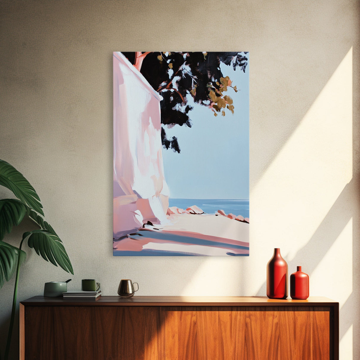 Seaside Shade, Coastal Rock Art, Oceanfront Painting, Framed Canvas Print, Minimalist Beach Decor, Tranquil Landscape Wall Art