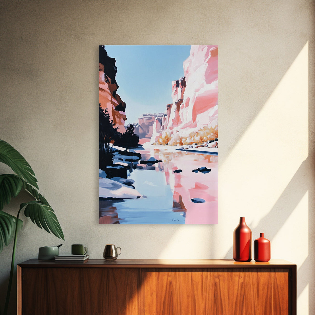 Canyon River, Reflection, Rocks, Framed Canvas Print, Nature Wall Art, Western Decor, Living Room Art, Minimalist Landscape, Boho Art