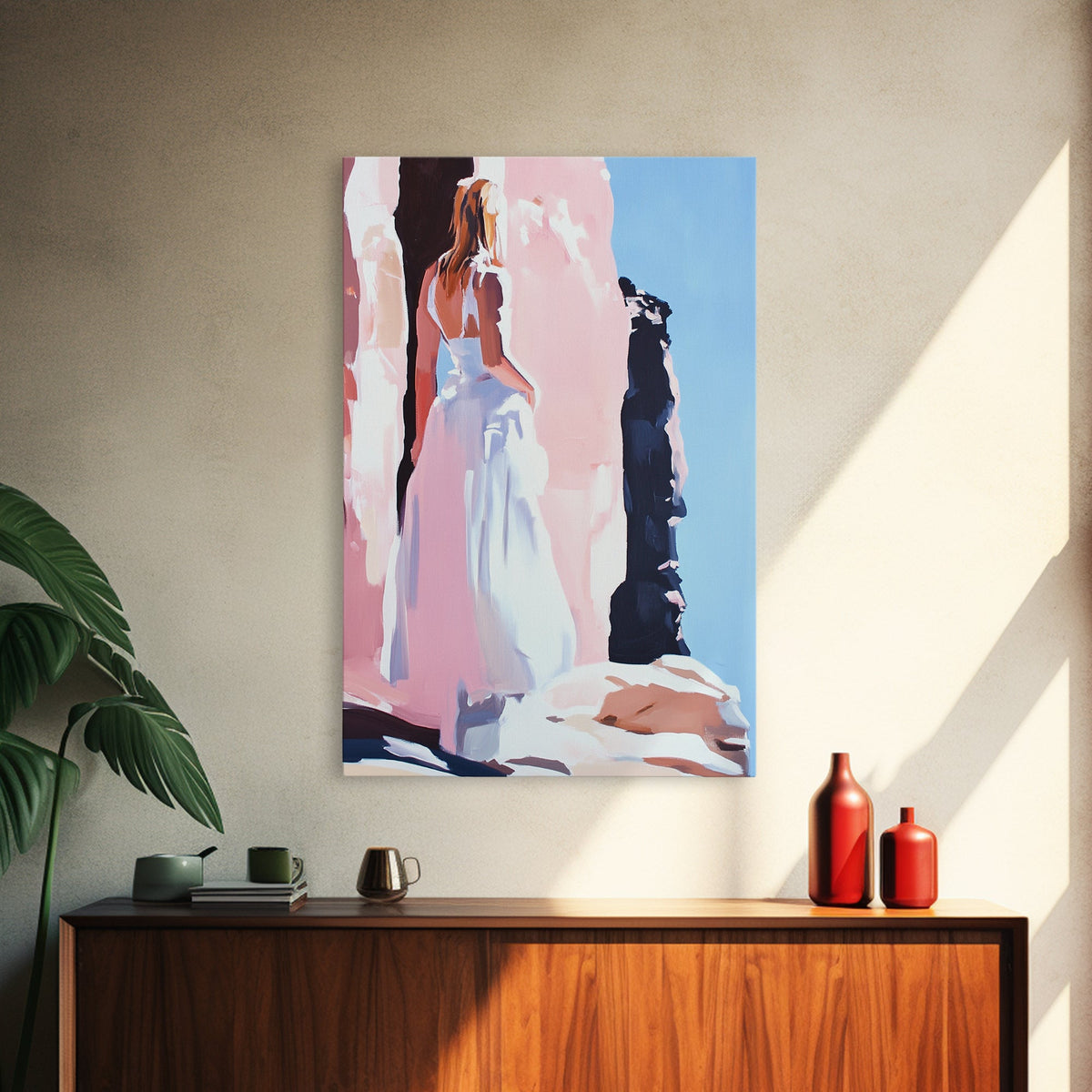 Woman, White Dress, Desert, Framed Canvas Print, Feminine Wall Art, Boho Aesthetic, Wanderlust Decor, Bedroom Wall Art, Travel Art