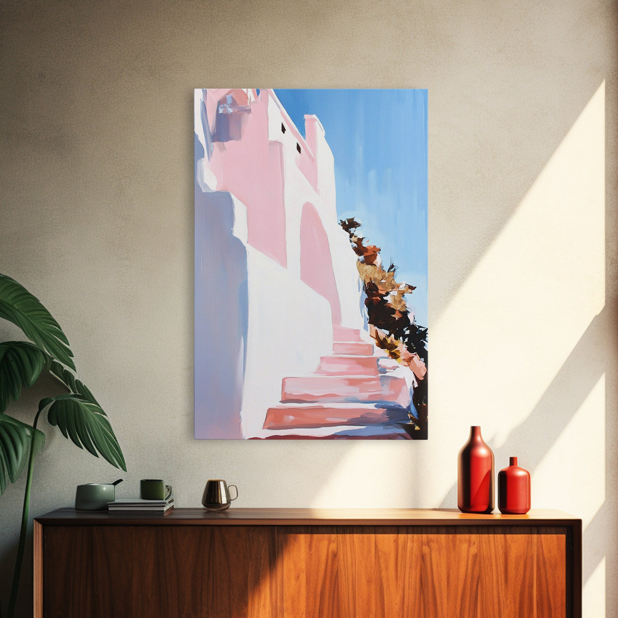 Mediterranean Steps, Coastal Wall Art, Santorini Print, Blue and Pink Decor, Travel Painting, Framed Canvas Print, Living Room Art