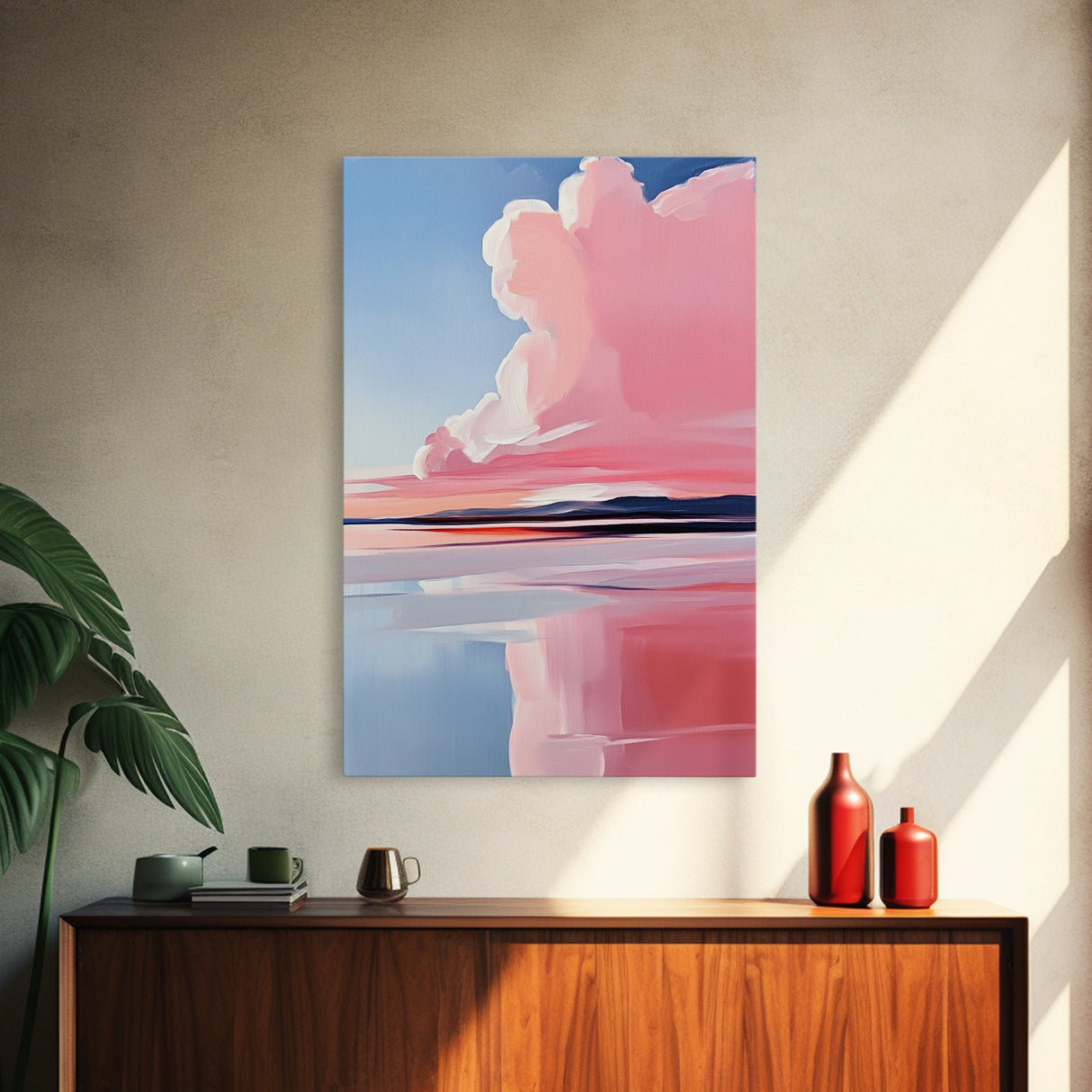Lakeside Reflection, Calm Water Art, Serene Landscape, Pink and Blue Painting, Boho Minimalist Decor, Framed Canvas Print, Gift Idea