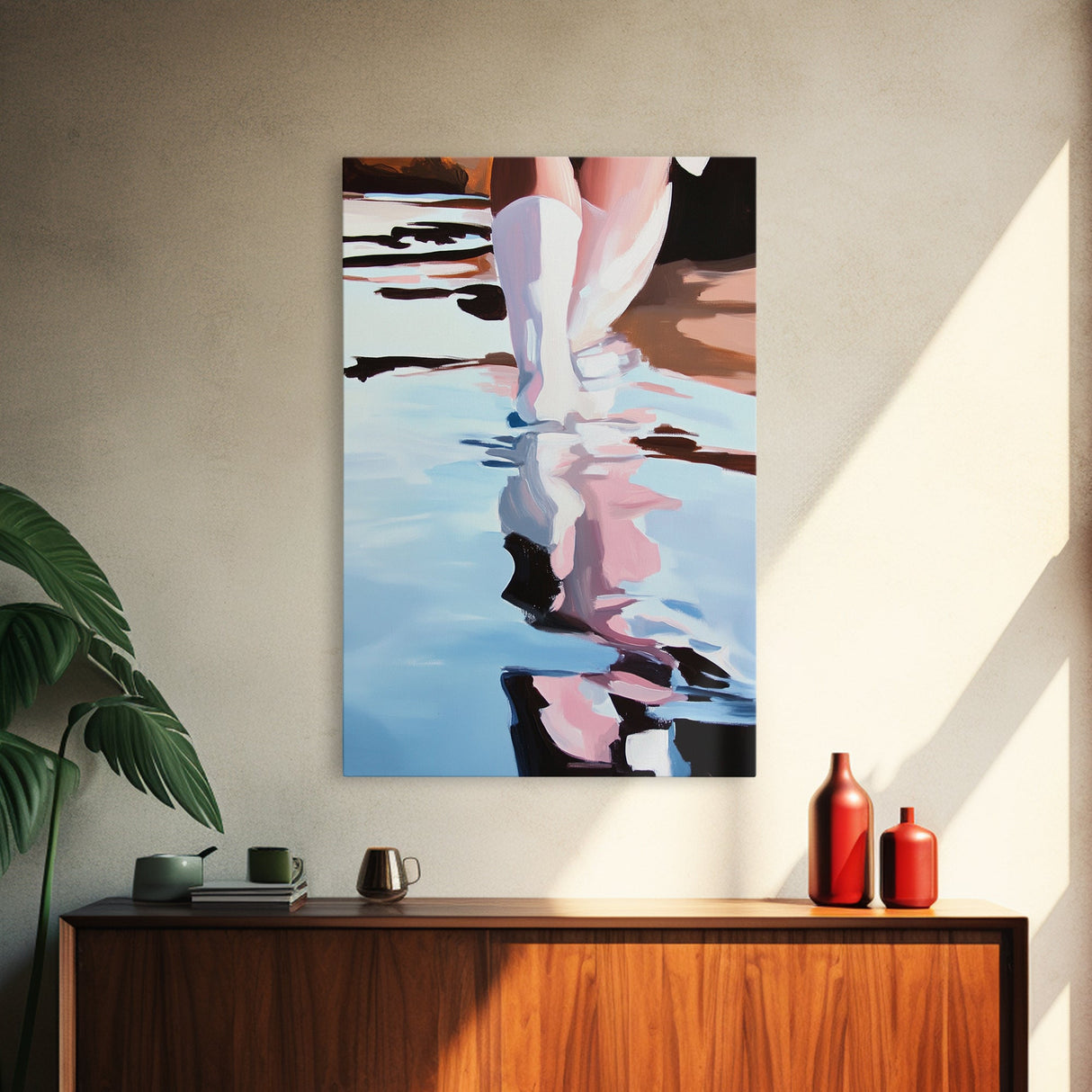Reflection Water Art, Abstract Fashion Painting, Coastal Style, Feminine Minimalist Print, Framed Canvas Print, Entryway Wall Art