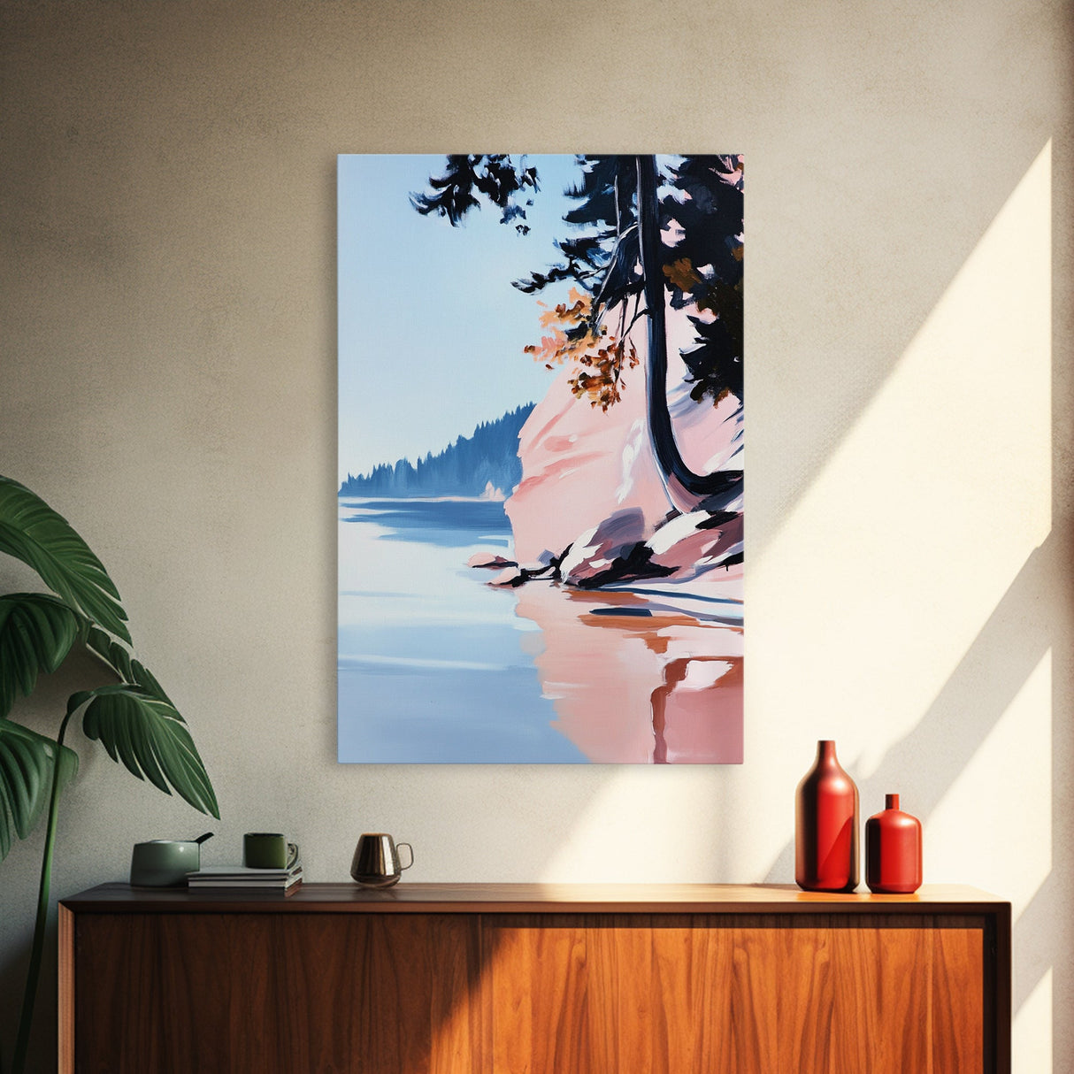 Lakeview Landscape Art, Serene Nature Print, Modern Forest Painting, Tranquil Coastal Scene, Framed Canvas Print, Living Room Wall Art