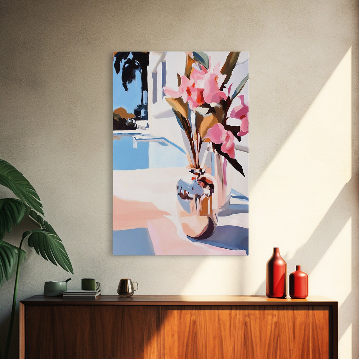 Poolside Flowers, Elegant Floral Painting, Sunlit Summer Decor, Mediterranean Art Style, Framed Canvas Print, Dining Room Wall Art