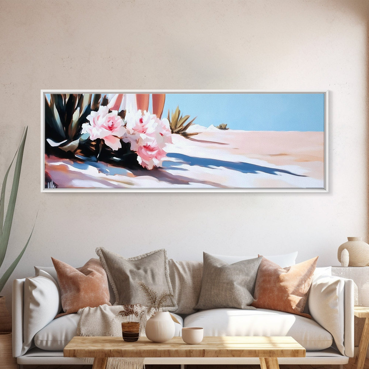 Pink Flowers, Framed Canvas Print, Floral Wall Art, Desert Artwork, Boho Aesthetic, Modern Home Decor, Bedroom Art, Nature Painting