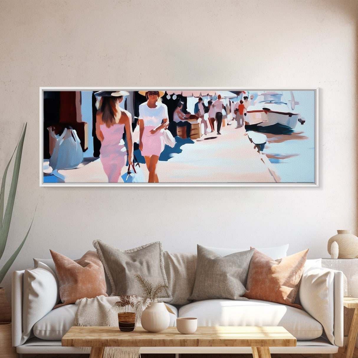 Summer Market, Stylish Women, Canvas Print, European Street Scene, Coastal Town, Fashion Artwork, Chic Home Decor, Travel Aesthetic