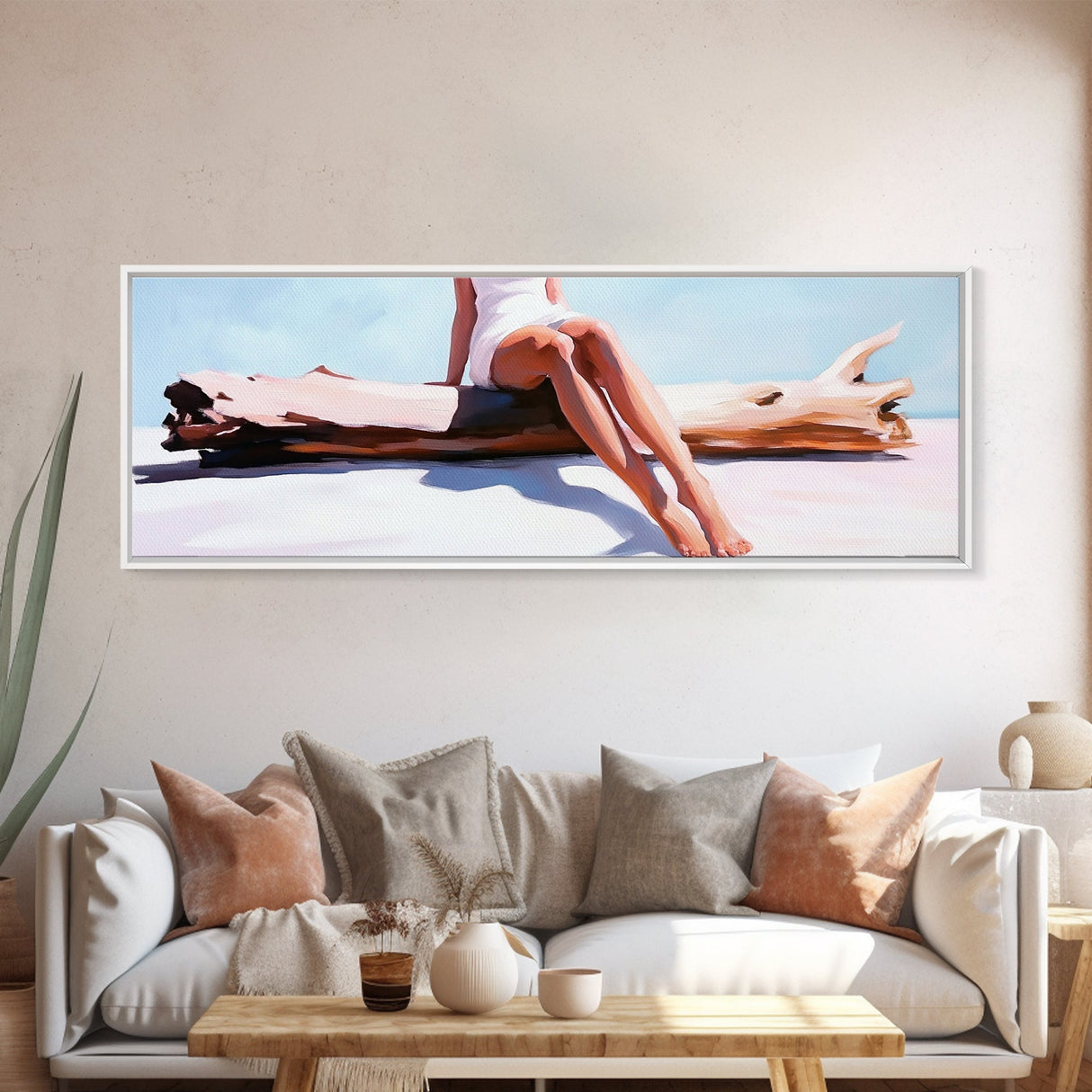 Driftwood Escape, Coastal Living Art, Minimalist Beach Scene, Summer Tones, Framed Canvas Print, Relaxing Home Decor, Ocean Inspired