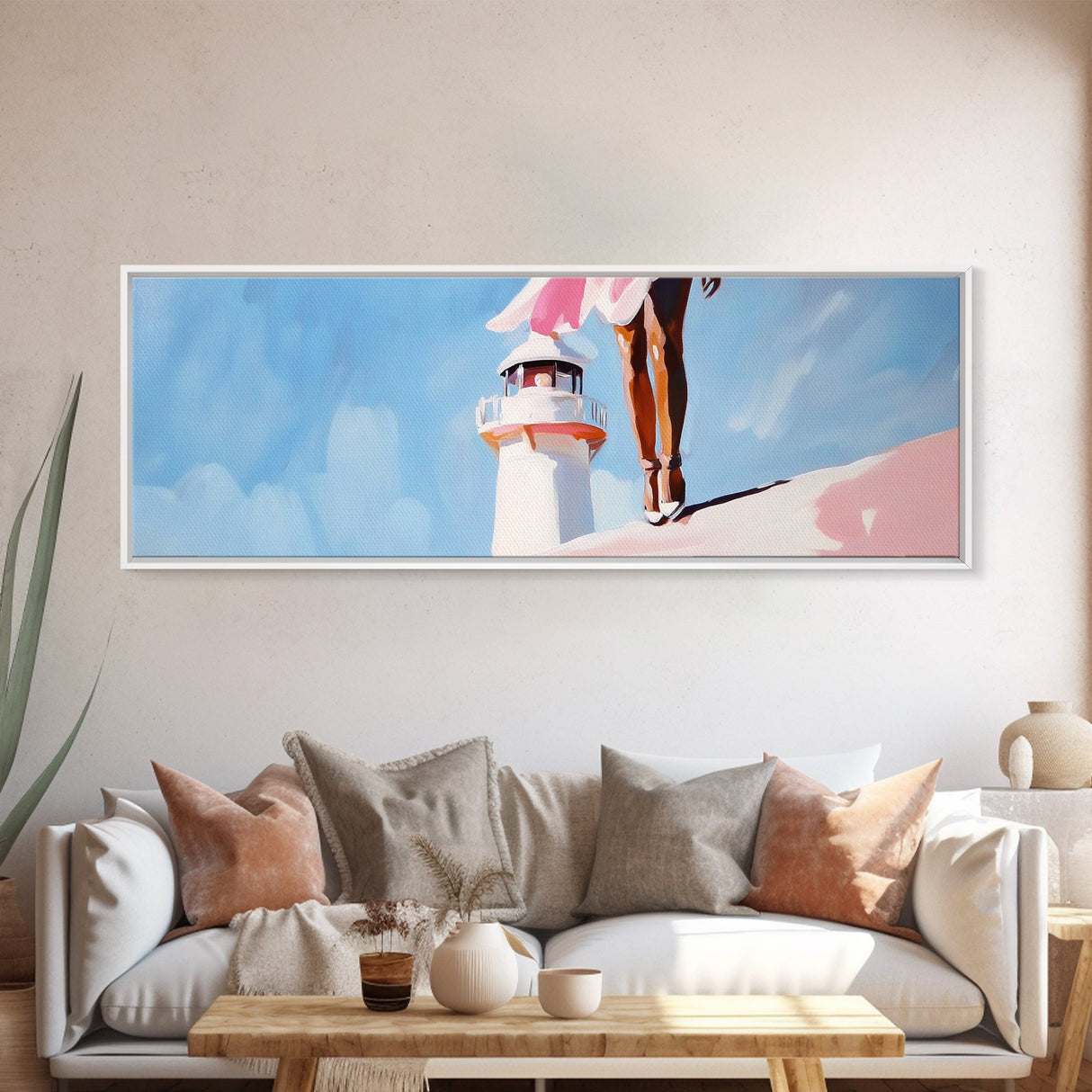 Lighthouse View, Ocean, Feminine, Framed Canvas Print, Coastal Wall Art, Beach Aesthetic, Boho Decor, Nautical Theme, Serene Home Art