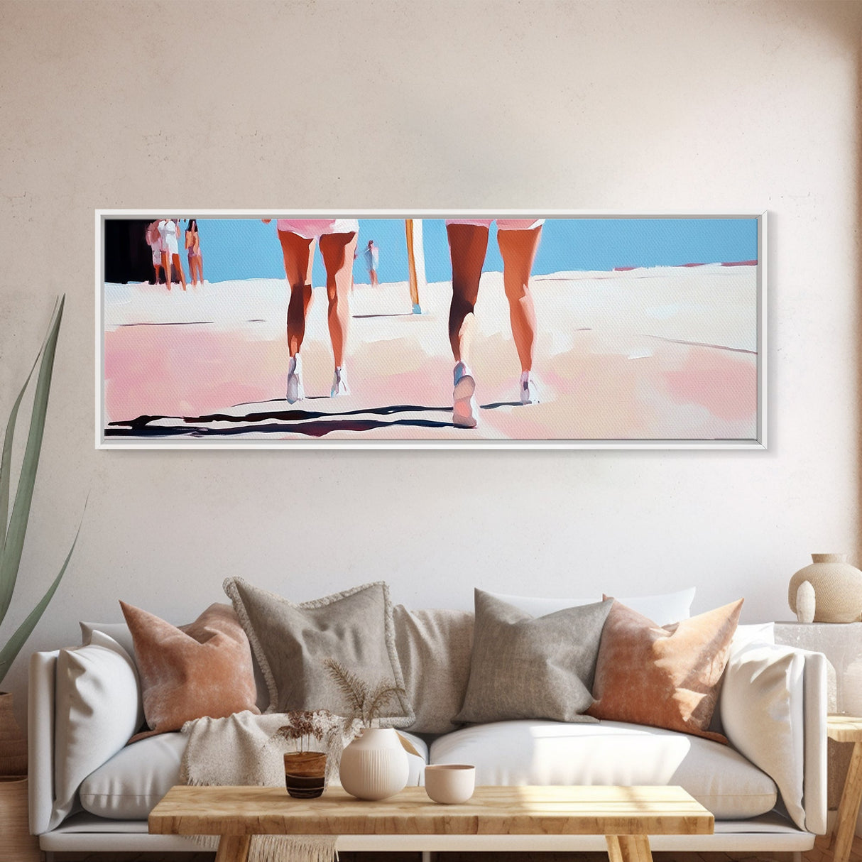 Walking On Sand, Beach Art, Summer Aesthetic, Coastal Canvas Print, Living Room Wall Art, Minimalist Art, Pastel Home Decor