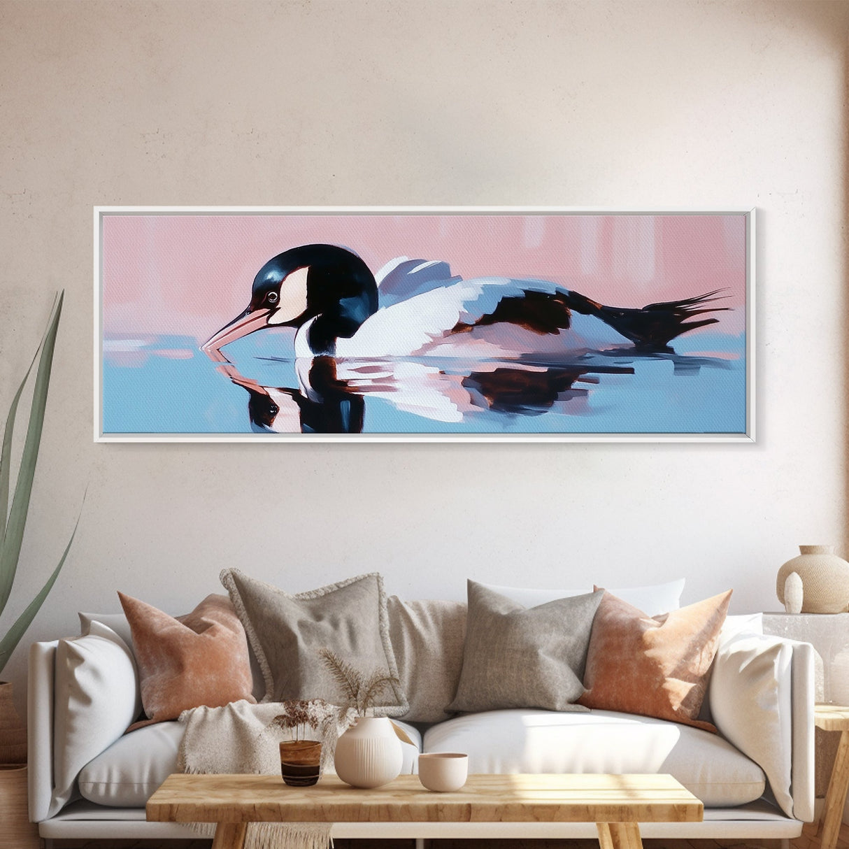 Water Bird, serene wildlife art, nature-inspired home decor, modern minimalist print, framed canvas print, coastal bird artwork