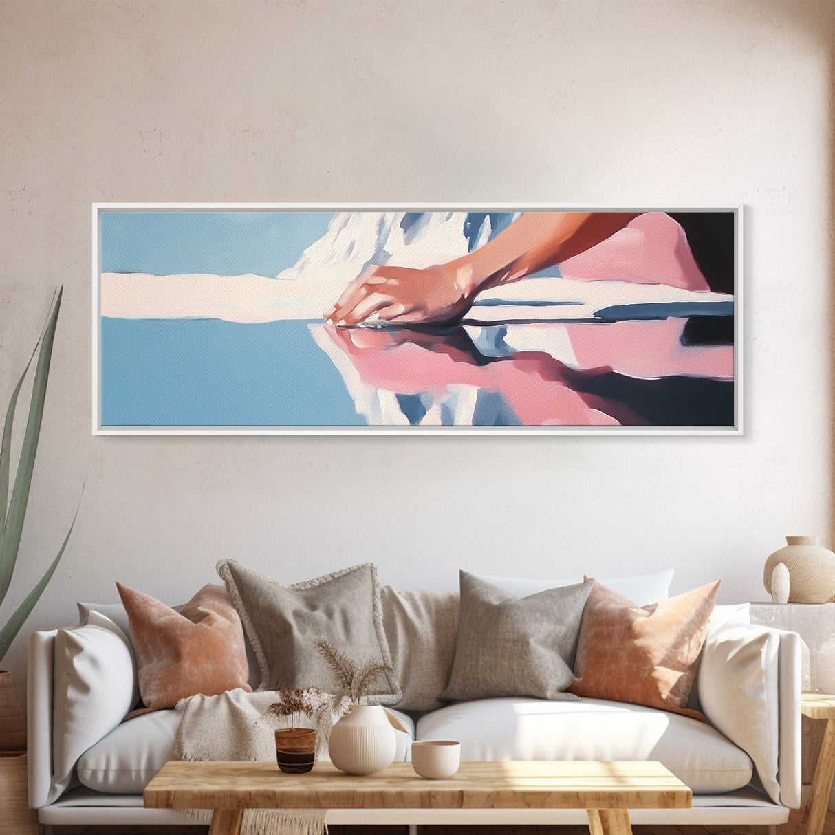 Pink Shores, Modern Landscape, Water Reflection, Soft Tones, Canvas Print, Minimalist Art, Hallway Decor, Tranquil Lake Scene