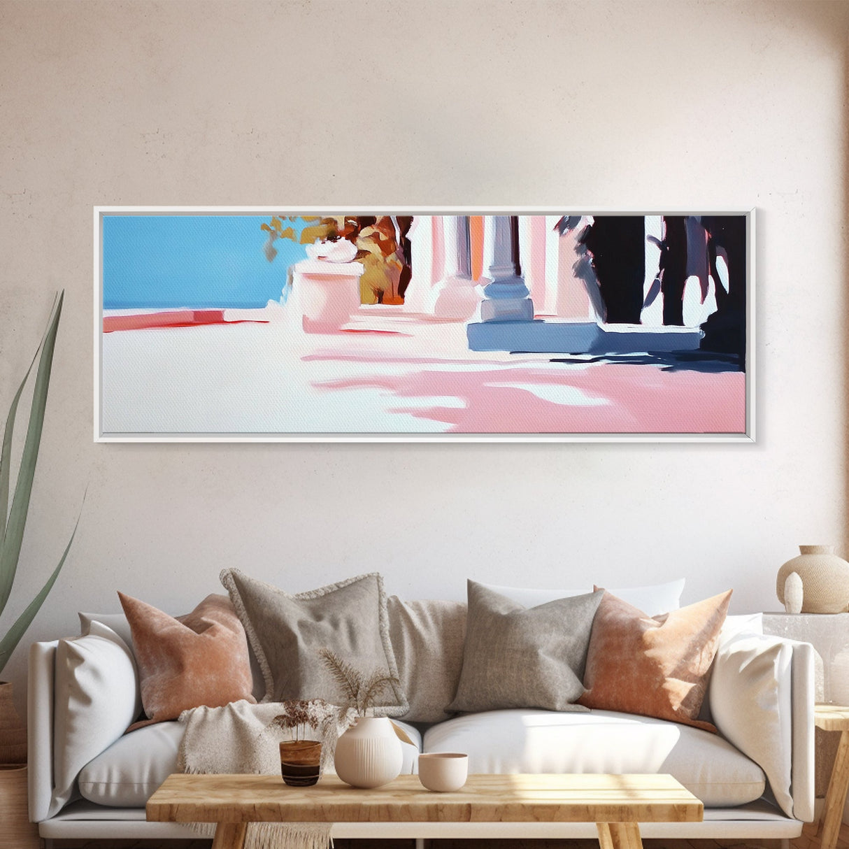 Mediterranean Villa, Sunlit Terrace, Minimalist Landscape, Canvas Print, Living Room Wall Art, Soft Pastels, Modern Architecture Decor