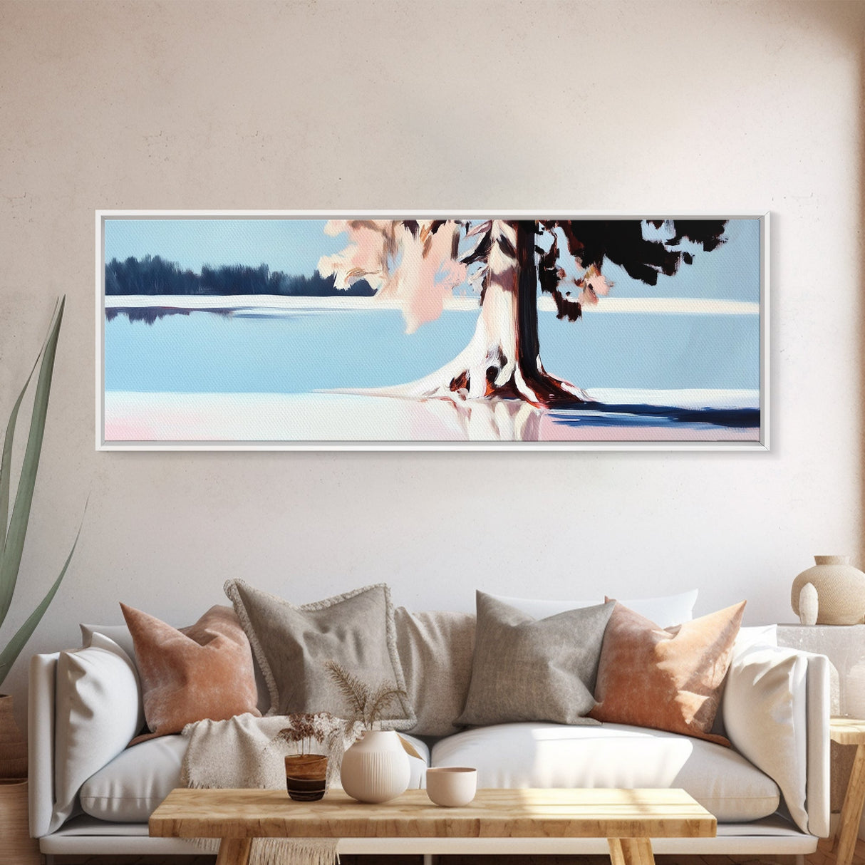 Serene Lake, Tree Reflection, Minimalist Landscape, Canvas Print, Nature Inspired Wall Art, Tranquil Home Decor, Soft Pastel Tones