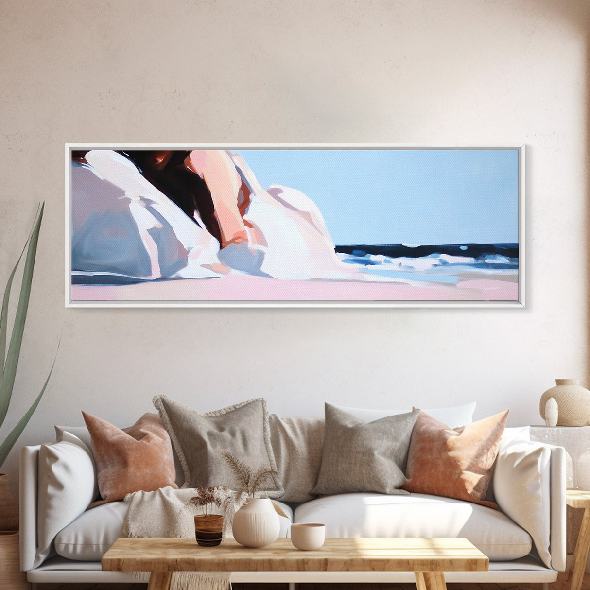 Seaside Woman, Beach Elegance, Minimalist Fashion, Framed Canvas Print, Coastal Wall Art, Soft Pastel Decor, Summer Aesthetic