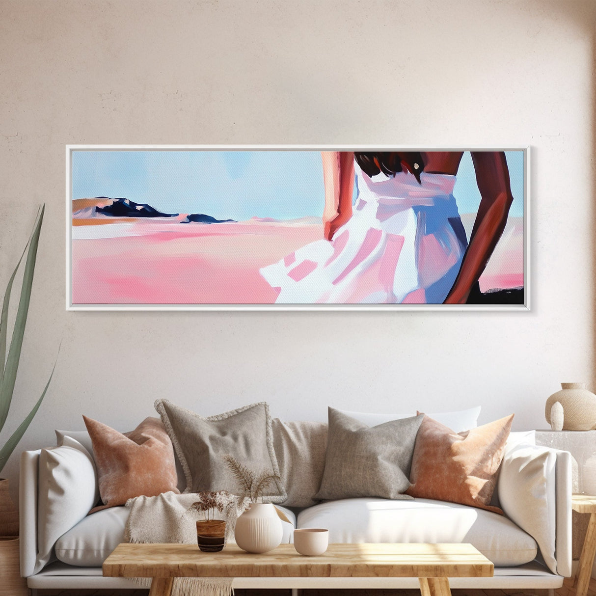 Flowing Dress, Desert Beauty, Feminine Elegance, Framed Canvas Print, Modern Wall Art, Soft Boho Decor, Romantic Pastel Artwork