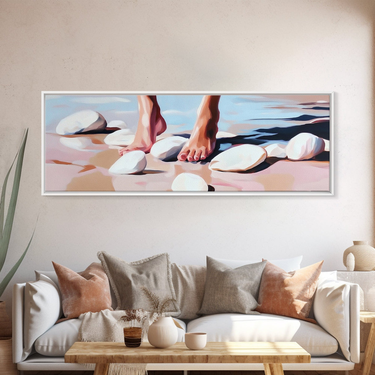 Barefoot, Water, Stones, Canvas Print, Beach Aesthetic, Coastal Artwork, Relaxing Wall Art, Minimalist Decor, Bedroom or Bathroom Art
