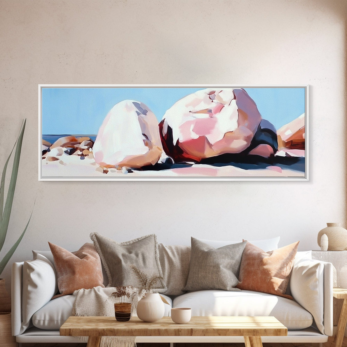 Textured Coastal Boulders, Natural Beach Scene, Earthy Modern Decor, Minimalist Art Print, Living Room Statement, Framed Canvas Print