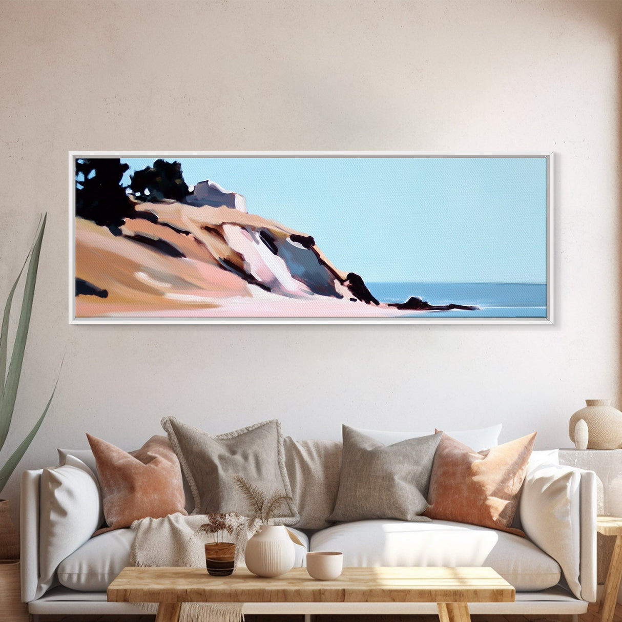Coastal Cliff, Beach Landscape, Ocean View, Tranquil Seaside, Framed Canvas Print, Living Room Wall Art, Nautical Home Decor
