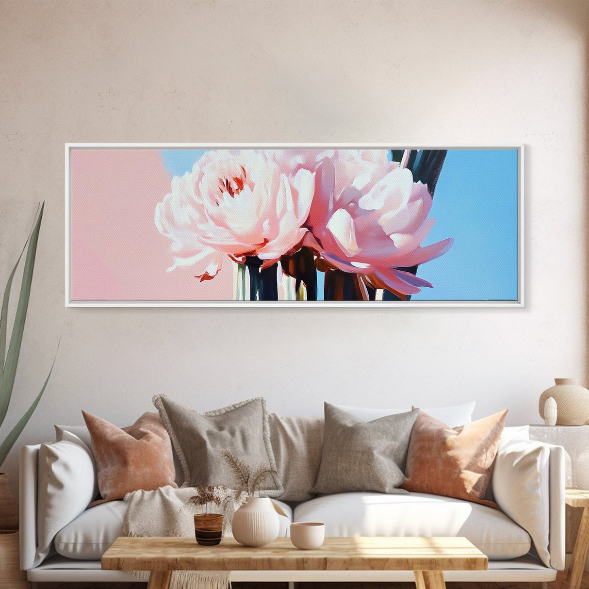 Peony Blooms, Pastel Wall Art, Feminine Aesthetic, Romantic Decor, Framed Canvas Print, Boho Bedroom Art, Floral Artwork