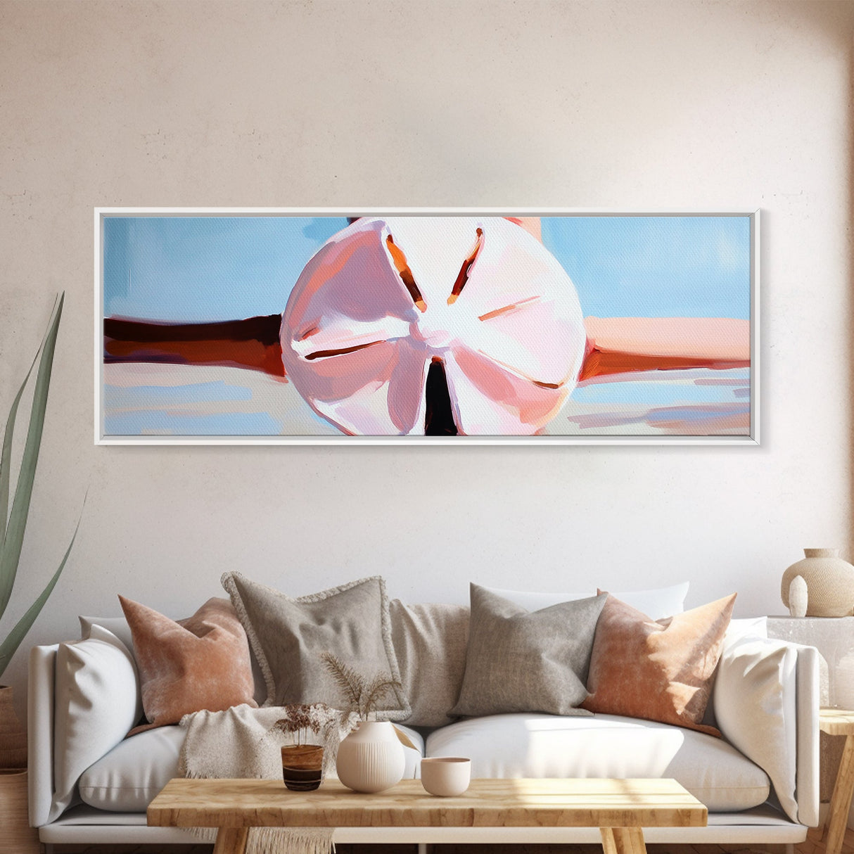 Sand Dollar Art, Coastal Wall Decor, Beach House Art, Nautical Print, Minimalist Ocean Painting, Pastel Seascape, Framed Canvas Print