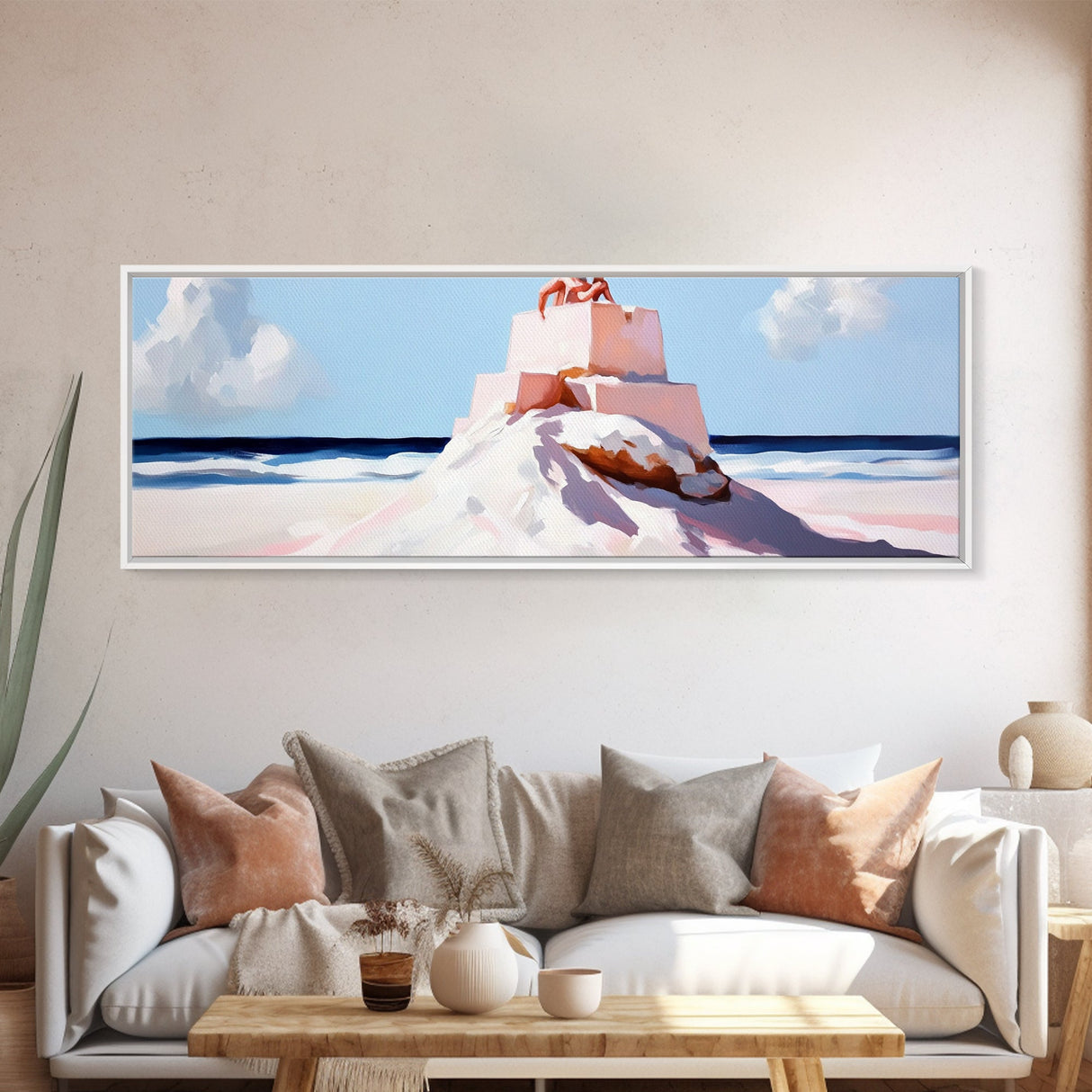 Sandcastle Art, Coastal Painting, Nautical Wall Decor, Beach House Art, Seascape Print, Pastel Tones, Kids Room Art, Framed Canvas Print