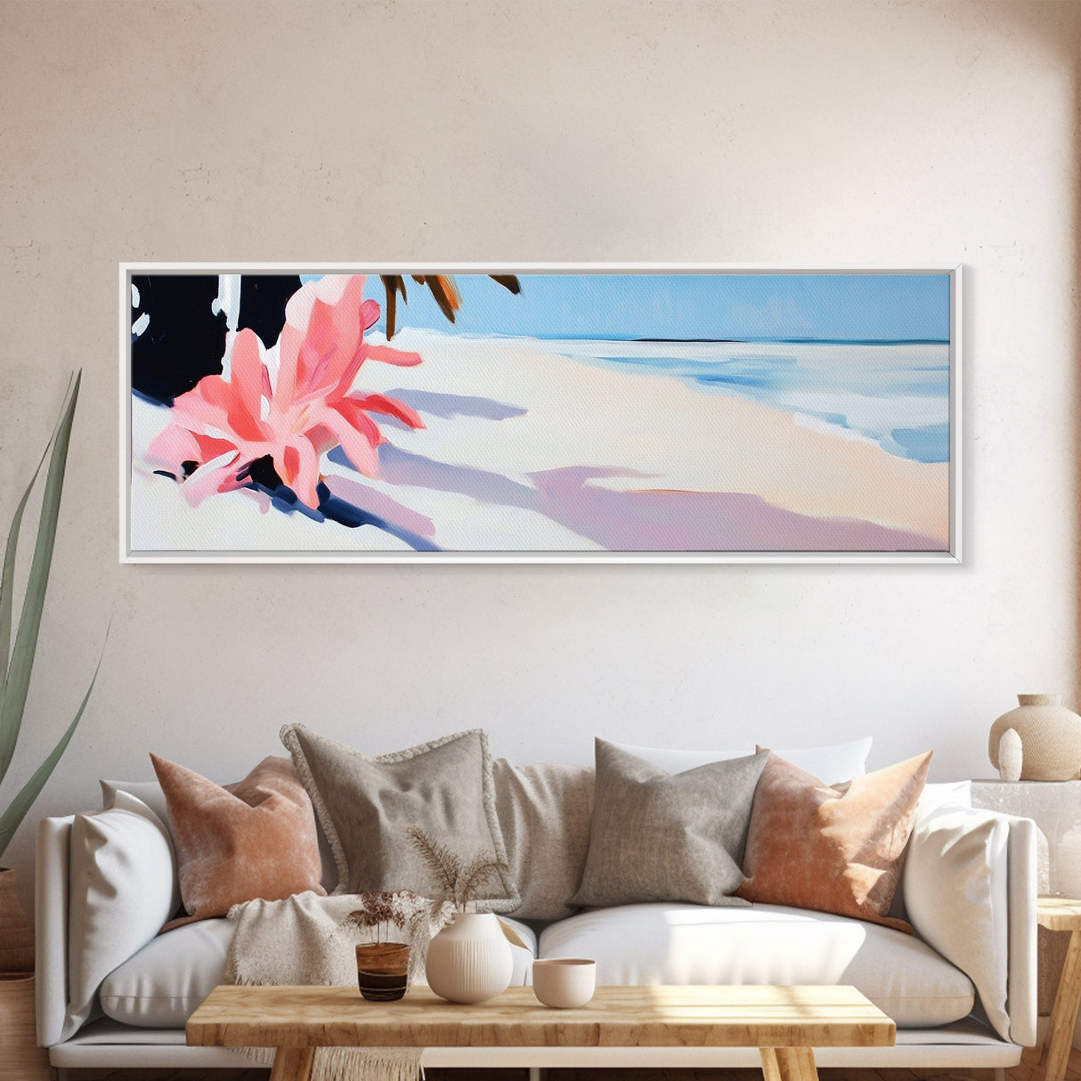 Tropical Beach, Palm Shadow, Minimalist Art, Coastal Wall Art, Summer Aesthetic, Framed Canvas Print, Living Room Art, Boho Beach Decor