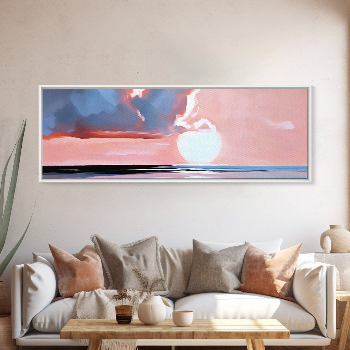 Sunset Glow, Ocean Horizon, Beach Scene, Modern Coastal, Framed Canvas Print, Minimalist Wall Art, Living Room Decor, Gift Idea